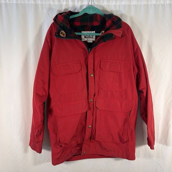 Vintage Woolrich Jacket Men's Medium Red Plaid Wool Lined Cargo Pockets Hooded - Picture 1 of 11